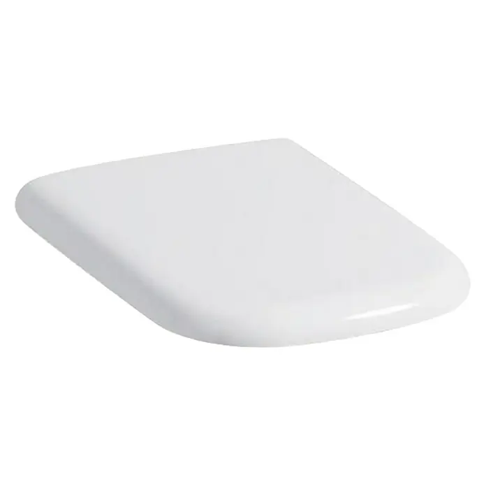 Geberit myDay WC-Sitz - Duroplast, Weiß, Mit Absenkautomatik - Nahaufnahme eines weißen WC-Sitzes mit abgerundeten Ecken. Das glänzende Produkt ist auf einem weißen Hintergrund isoliert.