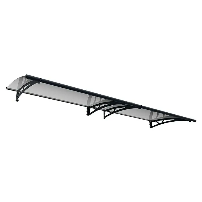 Solid Elements Pultvordach Pavo - 302 x 91,5 x 17,5 cm, Anthrazitgrau - Aufnahme eines schwarzen Türvordachs mit transparenten Paneelen. Die Konstruktion ist modern und funktional.