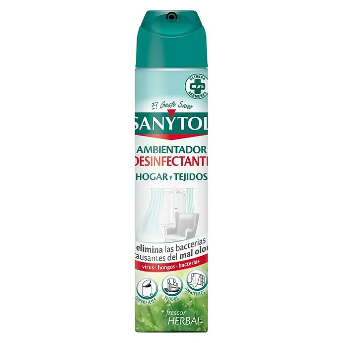 Sanytol Ambientador desinfectante Hogar y tejidos - 300 ml - Un ambientador desinfectante SANYTOL para el hogar y tejidos con un fresco aroma herbal que elimina el 99,9% de los gérmenes.