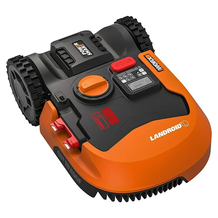 Worx PowerShare 20V Mähroboter Landroid L2000 - 2.000 m², Schnittbreite: 22 cm, Induktionsgestützte Navigation, Begrenzungskabel - Das Bild zeigt einen orangefarbenen Worx Landroid Mähroboter auf einem schwarzen Hintergrund. Er ist kompakt und hat ein modernes Design.