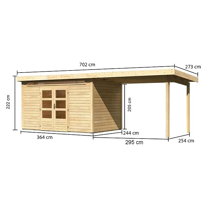 Karibu Gartenhaus Kandern 7 - Außenmaß inkl. Dachüberstand (B x T): 702 x 273 cm, Holz, Natur - Bild mit den Abmessungen eines Gerätehauses mit Carport, das aus Holz gefertigt ist und eine Doppeltür besitzt.