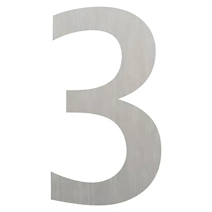 Etiqueta adhesiva troquelada 10 cm - 3, Plástico, Plateado, Autoadhesivo - Primer plano de un número de casa tres de acero inoxidable cepillado, que muestra su diseño moderno y elegante.