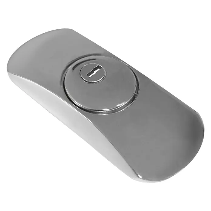 Lince Escudo para cerraduras SQDO bicapa - Níquel - Primer plano de un tirador plateado brillante con cerradura. Práctico y seguro para puertas modernas.