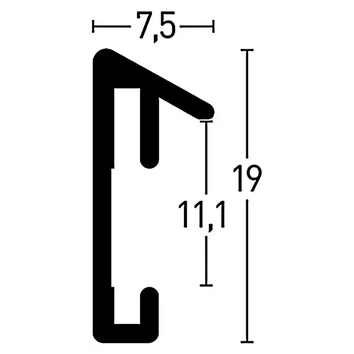 Nielsen Alurahmen Pixel - 50 x 50 cm, Weiß - Abbildung eines schwarzen Profils mit den Maßen 7,5 und 19. Die Tiefe des Profils beträgt 11,1.