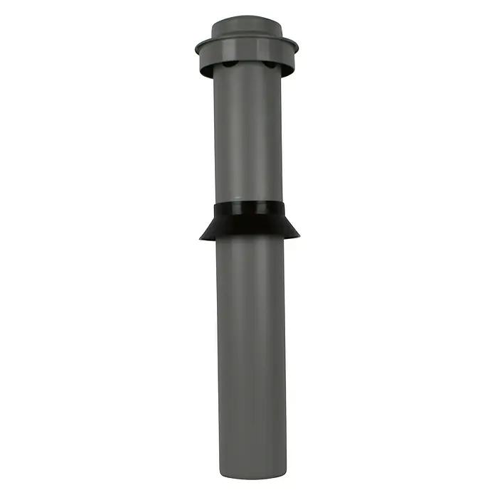 Marley HT-Rohr HTDH - Ø x L: 110 x 740 mm - Graues Rauchabzugsrohr mit schwarzer Manschette und grauer Abdeckung oben, das für die Belüftung und Ableitung von Rauchgasen verwendet wird.