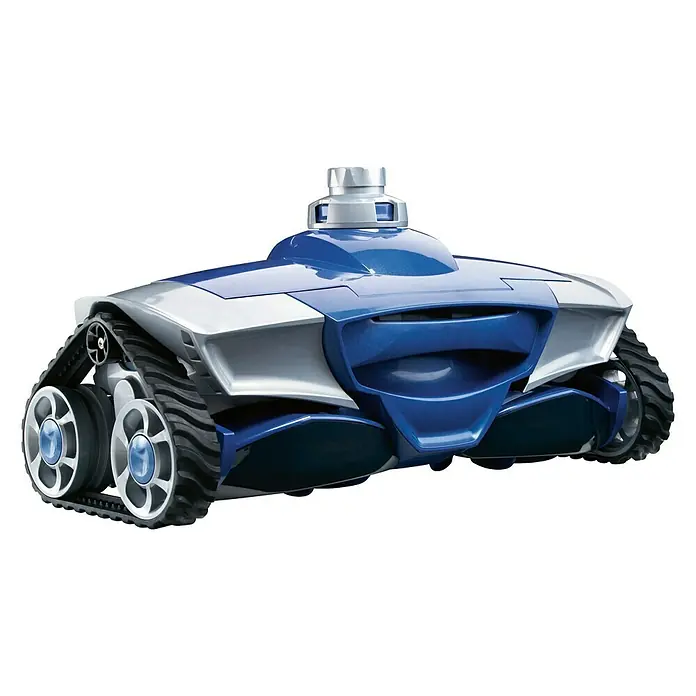 Zodiac Robot de piscina MX8 - Hidráulica, Piscinas hasta 1200 x 600 cm, 14 m³/h - Primer plano de un robot limpiafondos de piscina azul y plateado con tracción sobre orugas sobre un fondo blanco.