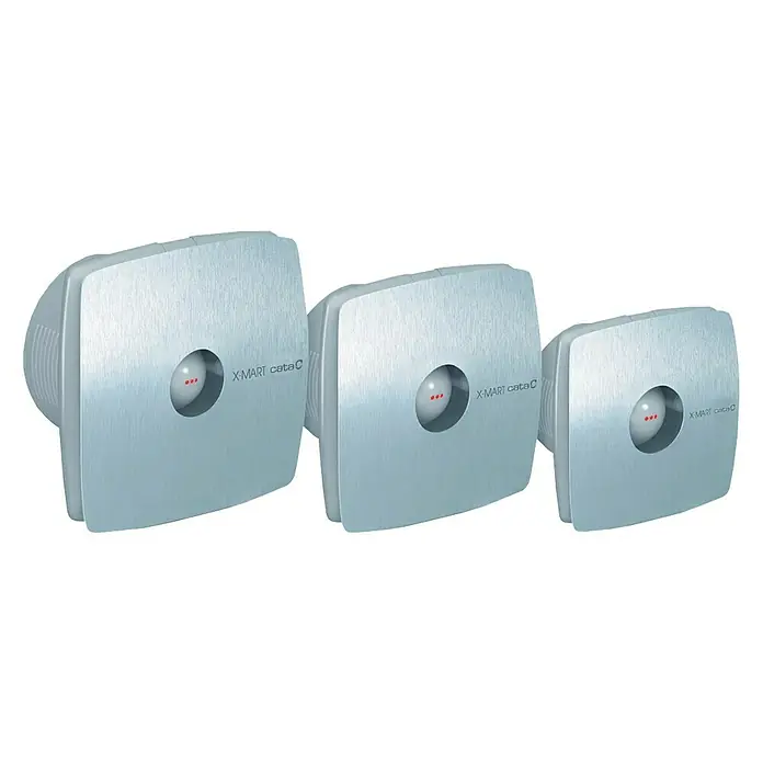 Cata Ventilador de pared de baño X-MART 10 MATIC - Acero inoxidable, 10 cm - Tres ventiladores CATA X-Mart en varios tamaños, ideales para baños y cocinas, que proporcionan aire fresco y una ventilación eficiente.
