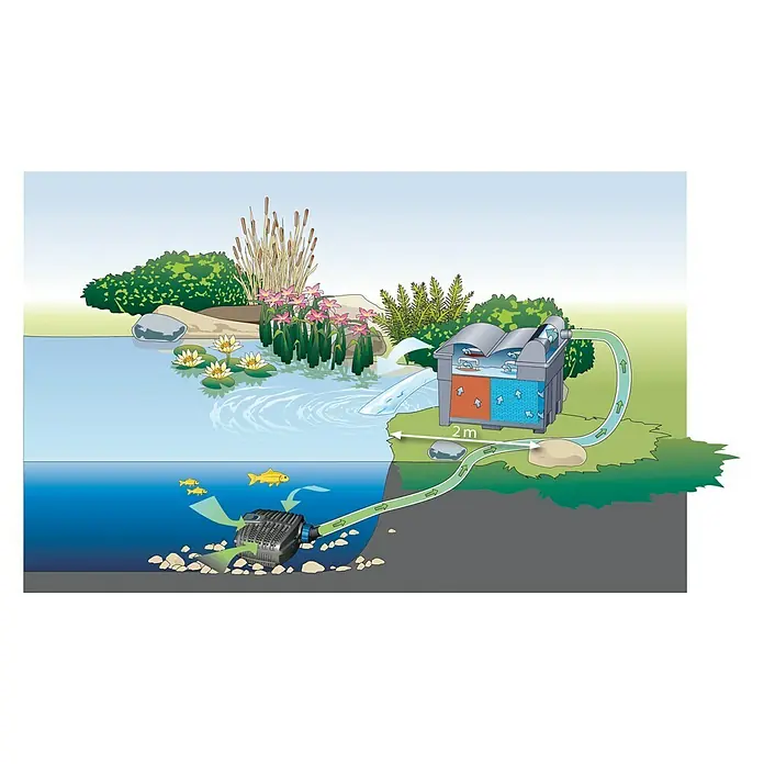 Oase Filterpumpe Aqua Max Eco Classic 2500 E - 23 W, Fördermenge pro Std.: 2.600 l - Schema eines Teichfiltersystems mit Pumpe, Filter und Wasserlauf.