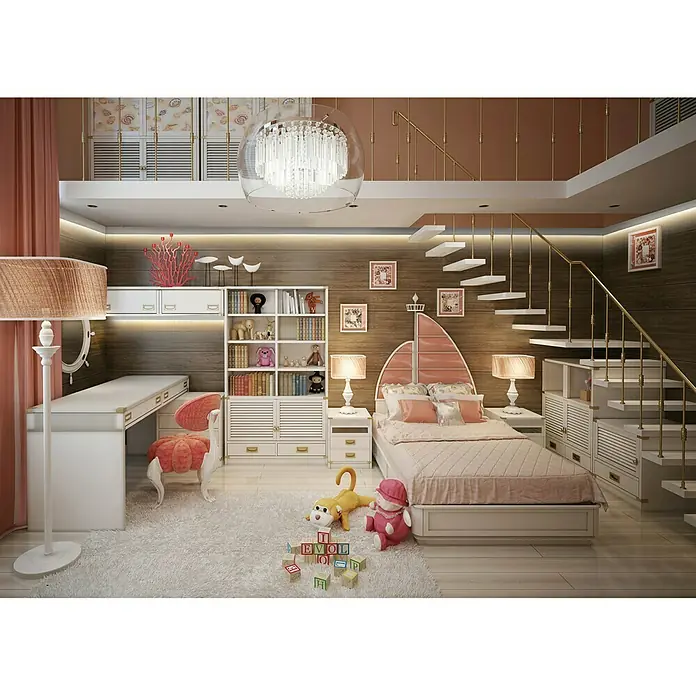 Lichtleiste Dana für LED-Band - 200 x 4,5 x 4,8 cm, Expandiertes Polystyrol (EPS) - Elegantes Kinderzimmer mit Segelboot-Bett, Schreibtisch und verspielten Details, die eine warme und einladende Atmosphäre schaffen.