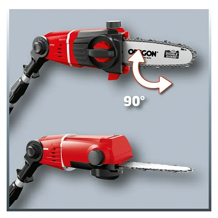 Einhell PXC 18V Podadora telescópica de batería GE-LC 18 Li T-Solo - 18 V, Iones de litio, Sin batería, Longitud de corte: 17 cm - Imagen de una motosierra de pértiga roja que se puede girar 90° para facilitar la poda de ramas en diferentes ángulos.