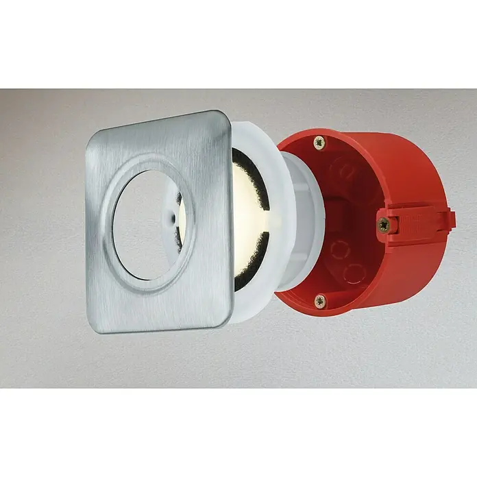 Paulmann Special Line LED-Einbauleuchte - 1,4 W, Weiß, Warmweiß, IP65 - Detailaufnahme einer LED-Wandeinbauleuchte mit eckiger Edelstahlblende, die eine moderne und energieeffiziente Beleuchtungslösung zeigt.