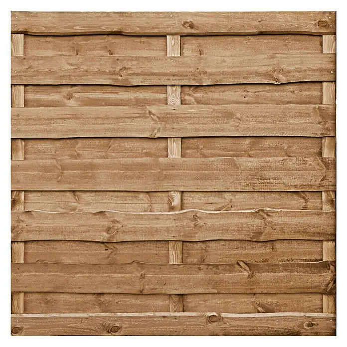 Sichtschutzelement Nevada - 179 x 179 cm - Nahaufnahme eines robusten Holzzauns, der natürliche Holzmaserungen und die Konstruktionsdetails hervorhebt.
