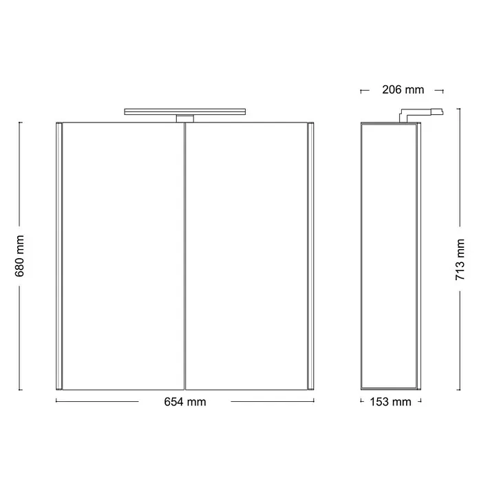 Jokey LED-Spiegelschrank DekorAlu - B x H: 65,4 x 68 cm, Aluminium, Farblos - Produktansicht: Der Schrank wird in verschiedenen Ansichten mit Maßangaben präsentiert.
