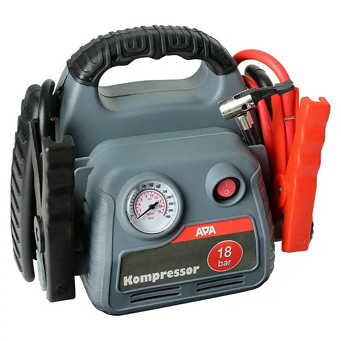 APA Energiestation Powerpack Max 500A Starthilfe - Kapazität: 7 Ah - Tragbarer APA Kompressor mit Manometer und rotem Knopf, ideal für unterwegs, um Reifen aufzupumpen und Starthilfe zu geben.