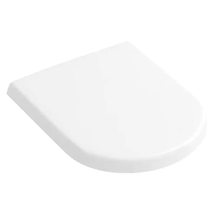 Villeroy & Boch Subway WC-Sitz - Duroplast, Weiß, Ohne Absenkautomatik, Abnehmbar - Nahaufnahme eines weißen Duschsitzes mit abgerundeten Kanten, der Komfort und Funktionalität im Badezimmer bietet.