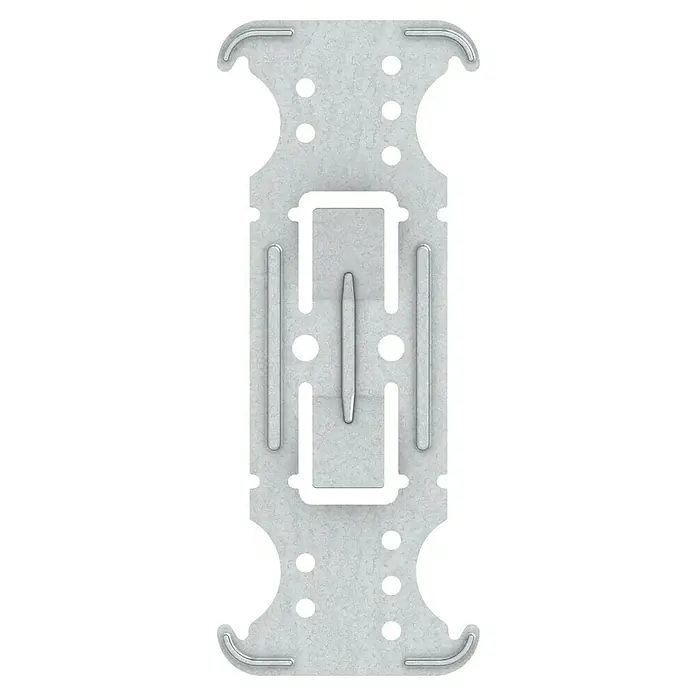 Probau Kreuzverbinder - Stahl, 1 Stk. - Ein Detailaufnahme einer metallenen Befestigungsklammer mit Löchern und Aussparungen. Sie dient zur sicheren Montage von Bauteilen.