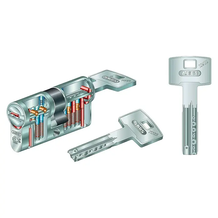 Abus Profilzylinder XD25Baulänge innen: 40 mm, Baulänge außen: 40 mm, Anzahl Schlüssel: 3 Stk. - Abus XD25 Profilzylinder mit Wendeschlüssel im Schnitt dargestellt. Das System bietet hohe Sicherheit und ist ideal für Haus- und Wohnungstüren.