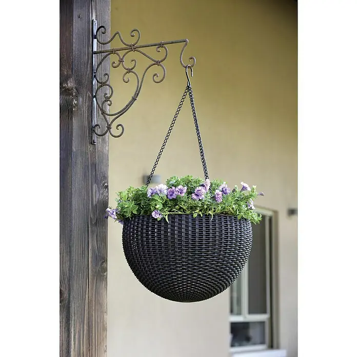 Keter Maceta colgante para flores Samui - Dimensiones externas (Ø x Al): 35 x 22 cm, Plástico, Antracita - Cesta colgante con petunias moradas, fijada a un gancho de hierro forjado decorativo sobre un poste de madera, dando un toque natural y elegante.