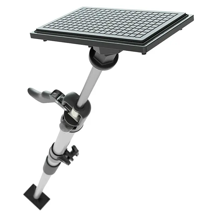 Schnellspann Deckenstützen & Türspanner Montagestütze - Spreizweite: 171 cm - 400 cm - Ein verstellbarer Laptop-Ständer mit einer quadratischen, gerasterten Auflagefläche und einem robusten Stativdesign für ergonomisches Arbeiten.