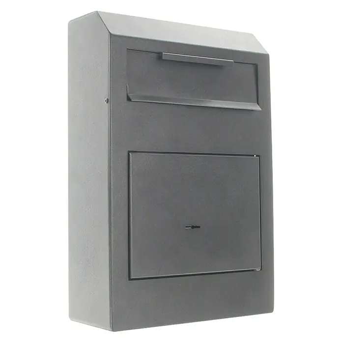 Rottner Einwurftresor Cashmatic - 11,5 x 25 x 38 cm, Doppelbartschloss - Ein grauer Briefkasten mit Einwurfschlitz oben und abschließbarer Entnahmetür unten. Ideal für sicheren Empfang von Post.