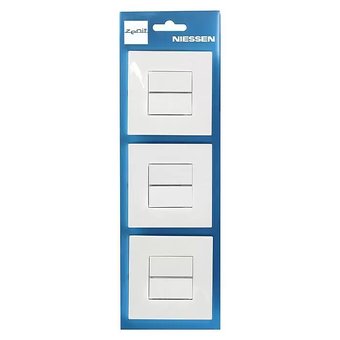 Niessen Zenit Conmutador pack 3 unidades - Blanco, Montaje en la pared - Tres marcos de interruptor blancos Niessen Zenit en empaque de venta azul con colgador.