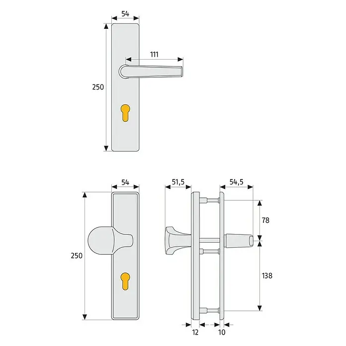 Abus Schutzbeschlag KLT512 - Wohnungsabschlusstür, Aluminium, Drücker beidseitig, Stärke Tür: 37 mm - 47 mm - Technische Zeichnung eines Türdrückers mit Langschild, inklusive Maße für Montage und Design.