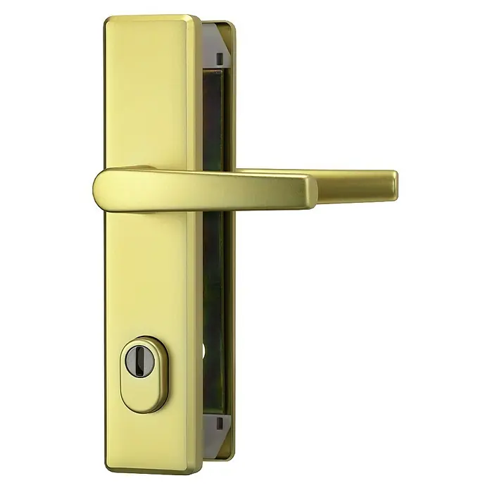 Abus Schutzbeschlag HLZS814 - Hauseingangstür, Messing, Drücker beidseitig, Stärke Tür: 52 mm - 72 mm - Nahaufnahme eines eleganten, goldenen Türgriffs.