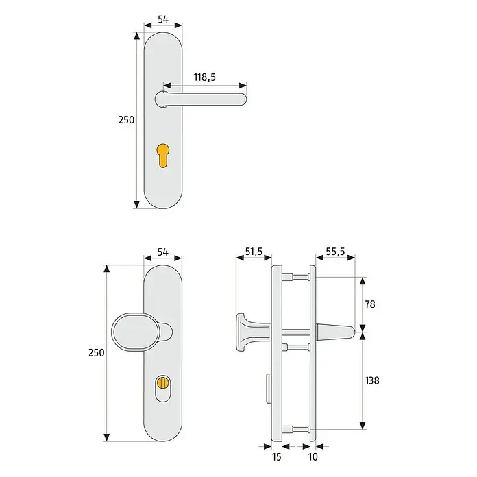 Abus Schutzbeschlag HLZS814 - Hauseingangstür, Aluminium, Drücker beidseitig, Form Schild: Abgerundet, Stärke Tür: 52 mm - 72 mm - Technische Zeichnung eines Türgriffs mit Maßen. Die Zeichnung zeigt die verschiedenen Ansichten des Türgriffs mit allen relevanten Abmessungen.