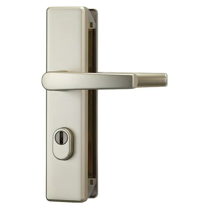Abus Schutzbeschlag KLSZ 714 - Wohnungsabschlusstür, Neusilber, Drücker beidseitig - Türbeschlag aus gebürstetem Nickel mit Hebel und Zylinderrosette. Perfekt für modernes Wohndesign und hohe Sicherheit.