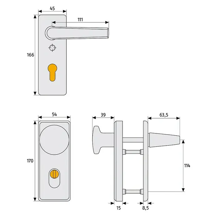 Abus Schutz-Wechselgarnitur KKZS700 - Stärke Tür: 37 mm - 47 mm, Metall, Neusilber, Drücker beidseitig - Maßzeichnung eines Türbeschlags mit Griff, Schloss und Rosette mit detaillierten Maßangaben für Montage und Design.
