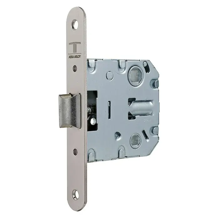 Tesa Assa Abloy Cerradura empotrable para puerta 2004U - Distancia entre orificios: 47 mm, Níquel - Imagen detallada de una cerradura de embutir ASSA ABLOY con acabado plateado y detalles precisos. Ideal para la seguridad.