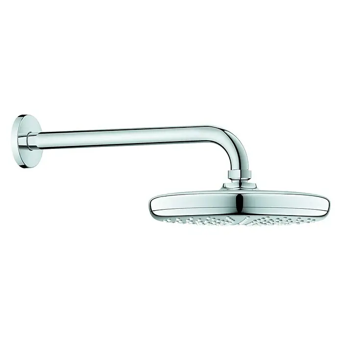 Grohe Tempesta Kopfbrausen-Set 210Durchmesser: 21 cm, 9,5 l/min, Wandmontage, Chrom - Dieses Bild zeigt einen modernen, verchromten Duschkopf mit Wandarm, der für ein stilvolles Duscherlebnis sorgt.