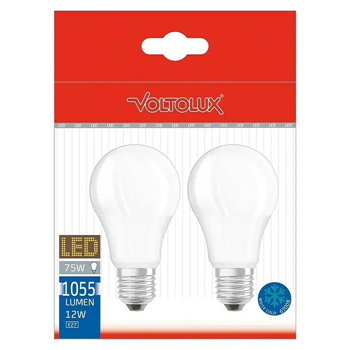 Voltolux Bombilla LED - E27, No regulable, Blanco frío, 1.055 lm, 6.500 K, 12 W, 2 ud. - Pack doble de bombillas LED VOLTOLUX, equivalente a 75W, 1055 lúmenes, 12W y base E27, proporciona luz blanca fría (6500K).
