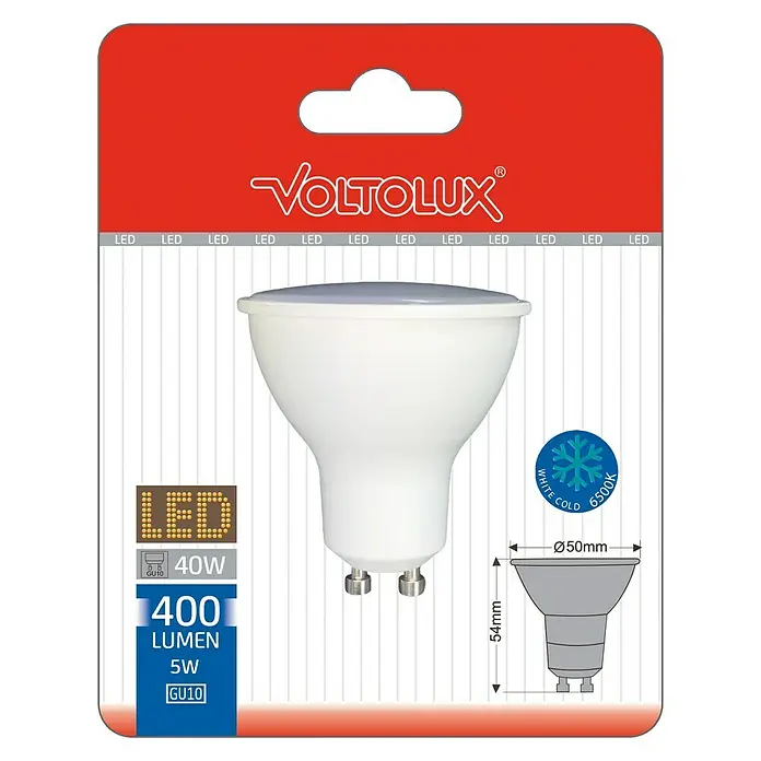 Voltolux Bombilla LED - GU10, No regulable, Blanco frío, 400 lm, 5 W - Imagen del producto de la lámpara LED VOLTOLUX. La lámpara es blanca y tiene una base GU10. Tiene 5W y 400 lúmenes. Temperatura de color 6500K.