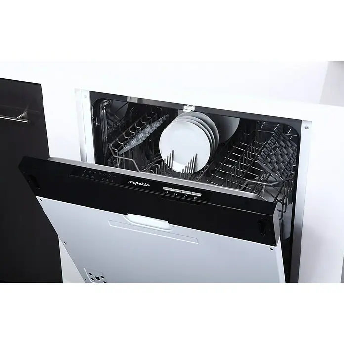 Respekta Premium Cocina esquinera Amanda - An x Pr: 290 x 200 cm, Roble/Blanco, Con electrodomésticos - Lavavajillas Respekta abierto, con platos blancos en las bandejas superiores. Electrodoméstico para un hogar moderno.