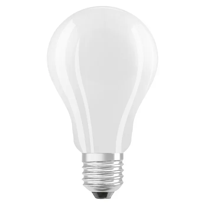Osram Star LED-Lampe Glühlampenform E27 matt - E27, Nicht Dimmbar, Kaltweiß, 2.452 lm, 16 W - Nahaufnahme einer matten, weißen LED-Glühbirne mit einem silberfarbenen Sockel vor einem neutralen schwarzen Hintergrund.