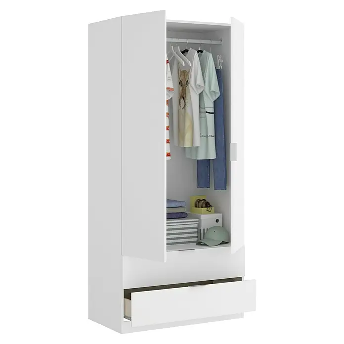 Dekit Armario para ropa Essen con cajones - L x An x Al: 52 x 81 x 184 cm, Blanco, Número de cajones: 2 ud. - Armario blanco con puerta abierta y ropa en el interior, incluyendo un cajón.