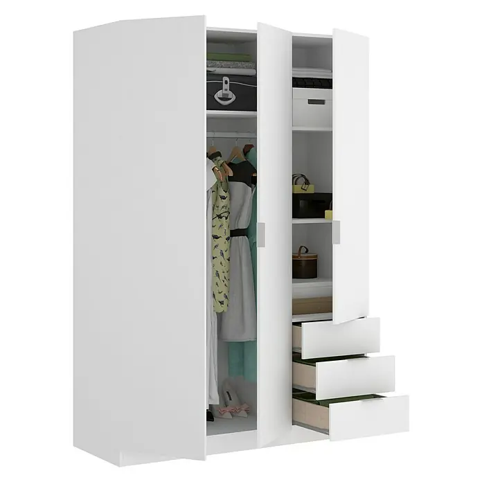Dekit Armario para ropa Essen con cajones - L x An x Al: 52 x 121 x 184 cm, Blanco, Número de cajones: 3 ud. - Armario blanco abierto con ropa y cajones. Perfecto para organizar la ropa y los accesorios en el dormitorio.