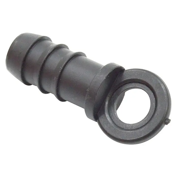 Tapón final Goteo - 16 mm, 10 ud. - Primer plano de un conector de manguera de plástico curvado negro con un terminal de anillo.