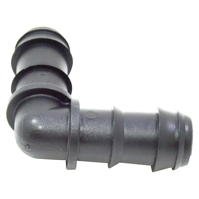 Codo goteo - Diámetro: 16 mm, Plástico, 50 ud. - Primer plano de un conector de manguera negro, un accesorio de codo de 90 grados para mangueras o tuberías.