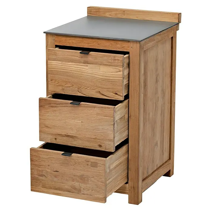 Sunfun Zoe Módulo de cocina exterior Armario con cajones - Marrón, An x Pr x Al: 58 x 63 x 92 cm, Madera de teca - Este elegante armario de madera con tres cajones abiertos y tapa gris ofrece mucho espacio de almacenamiento y se integra perfectamente en cualquier ambiente.