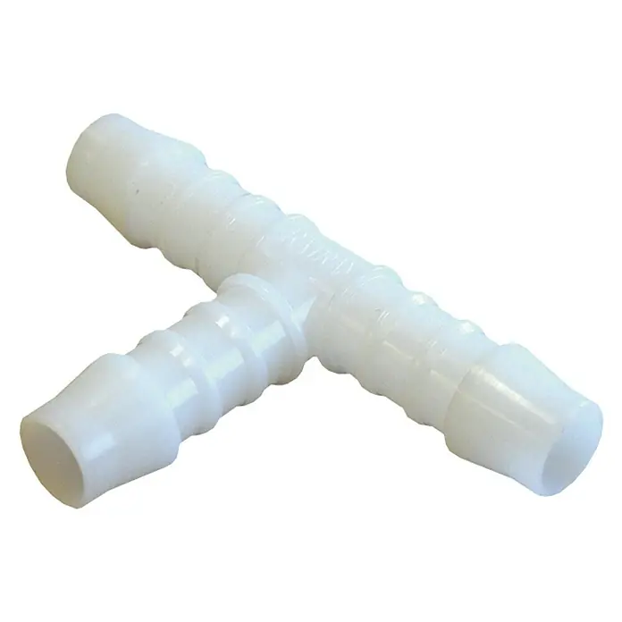Pieza T - Diámetro: 6 mm - Un conector de manguera en forma de T de plástico blanco, ideal para unir mangueras.