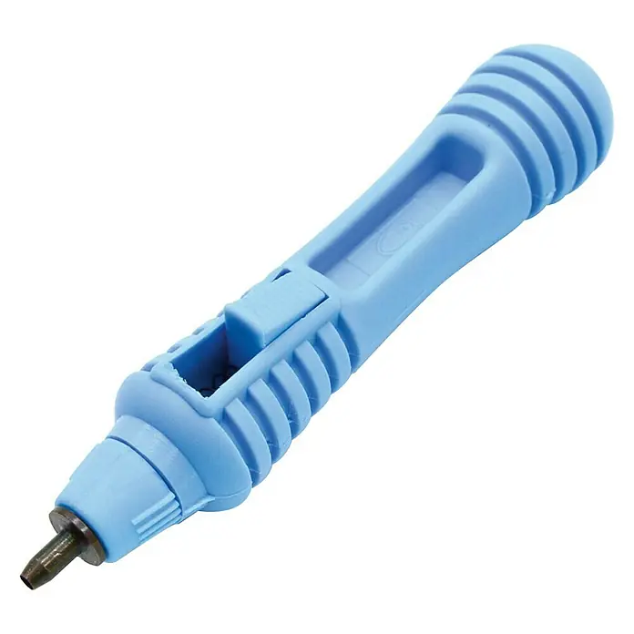 Sacabocados de puente Monta goteo - Polipropileno - Primer plano de una herramienta de remaches azul claro, con una cabeza de remache negra. Ideal para trabajos en cuero y artesanías.