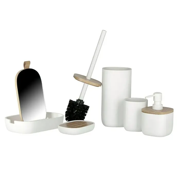 Venus Katta Zahnputzbecher - Weiß, Polyresin - Badezimmer-Set mit Spiegel, Seifenschale, Bürste, Becher und Spender, aus weißem Kunststoff mit Holzakzenten für ein modernes Bad.