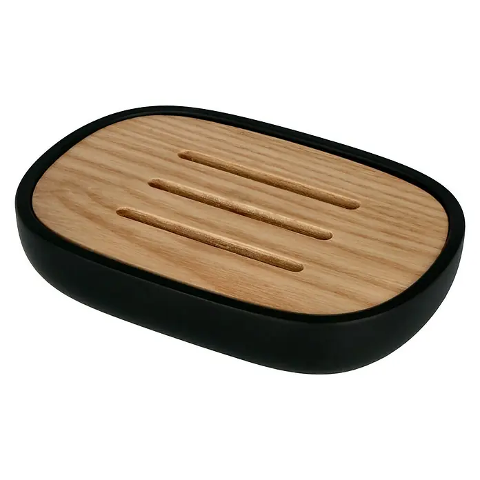 Venus Katta Seifenschale - Schwarz, Polyresin - Elegante Seifenablage mit Holzauflage und schwarzem Rahmen, ideal für Badezimmer und Küche. Stilvolle Aufbewahrung für Seifen.