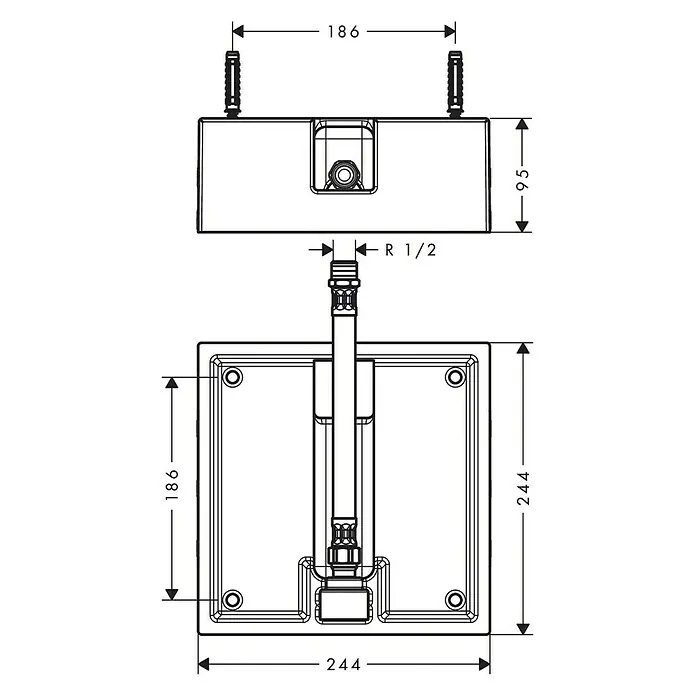 Hansgrohe Cuerpo principal - 24,4 x 24,4 cm - Vista del producto con dimensiones: Imagen que muestra un producto con dimensiones de 186 x 95 mm (superior) y 244 x 186 mm (inferior) y una conexión R 1/2.