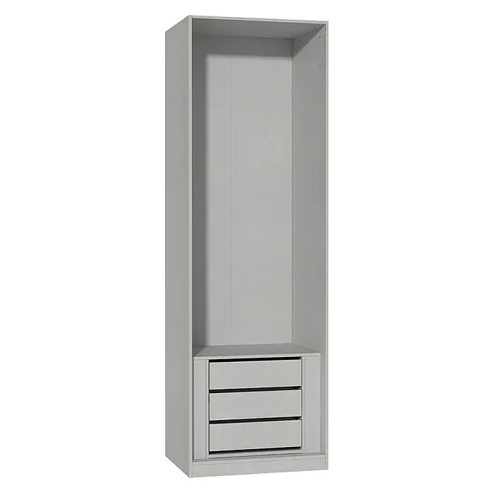 Finsa Módulo de armario con cajones - L x An x Al: 50 x 52,8 x 71,8 cm, Gris - Un armario abierto gris con tres cajones en la parte inferior. La parte superior está vacía, proporcionando un amplio espacio para guardar ropa.