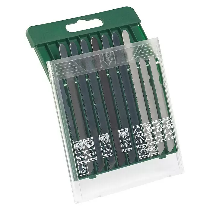 Bosch Juego de hojas de sierra de calar - Madera / metal / plástico, 10 pzs., Vástago en T - Surtido de hojas de sierra de calar en estuche verde para madera, plástico, aluminio y metal.