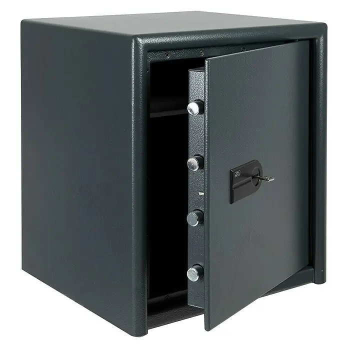 Burg-Wächter Möbeltresor Magno M 540 S - L x B x H: 445 x 495 x 560 mm, Anthrazit, Doppelbart-Hochsicherheitsschloss - Grauer Tresor mit geöffneter Tür, der sein robustes Design und seine Sicherheitsmerkmale zeigt. Ideal zum Schutz von Wertsachen.