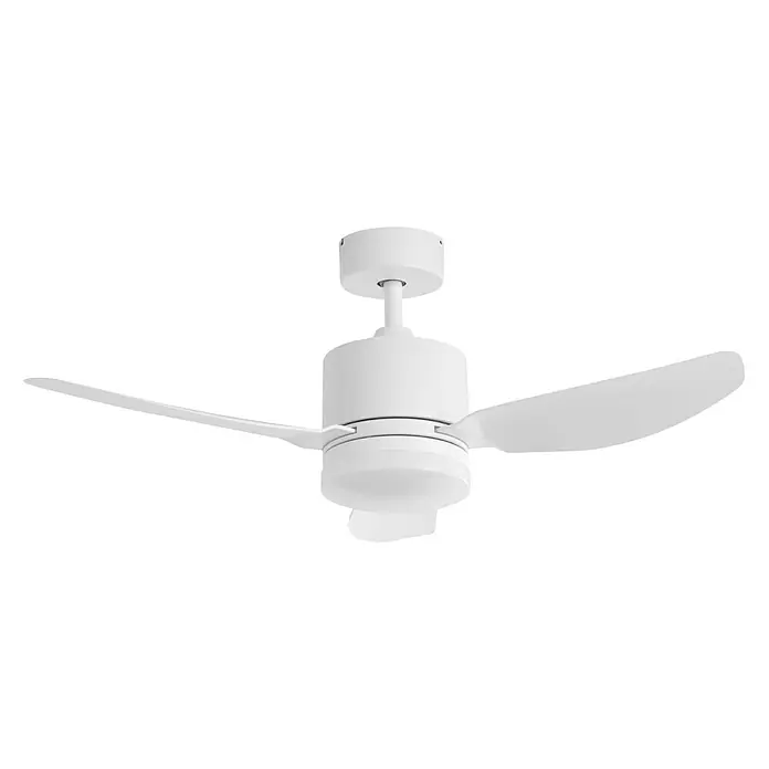 Arte confort Ventilador de techo Ellis - Blanco, 108 cm, 15 W, Blanco cálido - Primer plano de un ventilador de techo blanco con tres aspas sobre un fondo brillante.